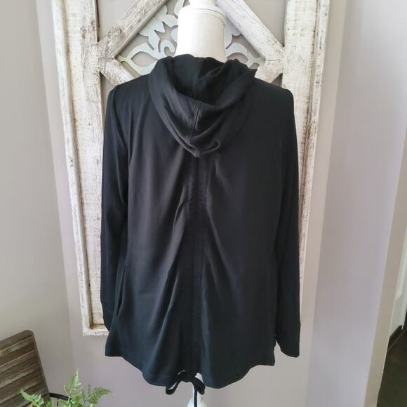 Xersion Women's Long Sleeve Hooded Ruched Tie Open Cardigan Cover Up in Black - Picture 3 of 6